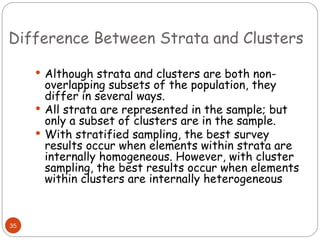 Difference Between Strata and Clusters
35
 Although strata and clusters are both non-
overlapping subsets of the population, they
differ in several ways.
 All strata are represented in the sample; but
only a subset of clusters are in the sample.
 With stratified sampling, the best survey
results occur when elements within strata are
internally homogeneous. However, with cluster
sampling, the best results occur when elements
within clusters are internally heterogeneous
 
