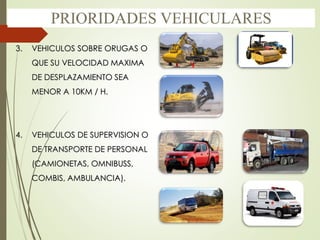 PRIORIDADES VEHICULARES
3. VEHICULOS SOBRE ORUGAS O
QUE SU VELOCIDAD MAXIMA
DE DESPLAZAMIENTO SEA
MENOR A 10KM / H.
4. VEHICULOS DE SUPERVISION O
DE TRANSPORTE DE PERSONAL
(CAMIONETAS, OMNIBUSS,
COMBIS, AMBULANCIA).
 