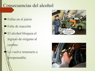 Consecuencias del alcohol
Fallas en el juicio
Falta de reacción
El alcohol bloquea el
ingreso de oxígeno al
cerebro
Lo vuelve temerario e
irresponsable.
 