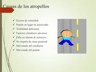 Causas de los atropellos
 Exceso de velocidad
 Peatón en lugar no autorizado
 Visibilidad deficiente
 Factores climáticos adversos
 Falla en alarma de retroceso
 No respeto de cruce peatonal
 Mal estado del conductor
 Mal estado del peatón
 