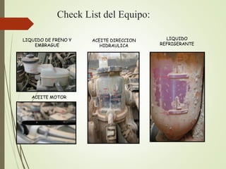 Check List del Equipo:
LIQUIDO DE FRENO Y
EMBRAGUE
ACEITE DIRECCION
HIDRAULICA
LIQUIDO
REFRIGERANTE
ACEITE MOTOR
 