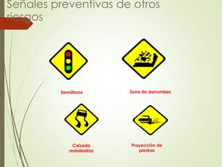 Señales preventivas de otros
riesgos
Semáforos
Proyección de
piedras
Calzada
resbaladiza
Zona de derrumbes
 