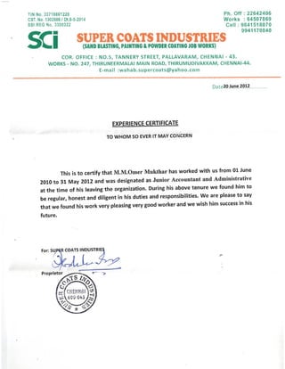 Super Coats Experience Certificate | PDF