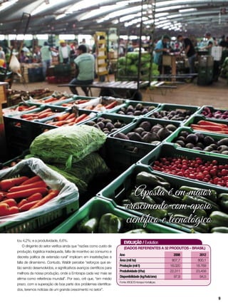 tou 4,2%; e a produtividade, 6,6%.
O dirigente do setor verifica ainda que “razões como custo de
produção, logística inadequada, falta de incentivo ao consumo e
discreta política de extensão rural” implicam em insatisfações e
falta de dinamismo. Contudo, Waldir percebe “esforços que es-
tão sendo desenvolvidos, e significativos avanços científicos para
melhora da nossa produção, onde a Embrapa cada vez mais se
afirma como referência mundial”. Por isso, crê que, “em médio
prazo, com a superação de boa parte dos problemas identifica-
dos, teremos notícias de um grande crescimento no setor”.
Aposta é em maior
crescimento com apoio
científico e tecnológico
Ano	 2008	2012
Área(milha)	 807,7	800,1
Produção(milt)	 18.020	18.769
Produtividade(t/ha)	 22,311	23,458
Disponibilidade(kg/hab/ano)	97,9	 94,5
Fonte: IBGE/Embrapa Hortaliças.
EVOLUÇÃO / Evolution
(Dados referentes a 32 produtos – Brasil)
SílvioÁvila
9
 