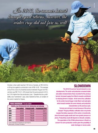 SLOWDOWN
The 2013/14 summer harvest showed no new
developments.The sector and production remained stable
and yields remained below those recorded for the previous
harvest. Increased supply from March onwards contributed
to reducing farmer’s margins. At the same time,cultivation
for the winter harvest began in late March and earlyApril,
which should maintain the same industry and production
characteristics as the previous cycle.
Farmers are not keen to invest because of the prices
charged.Though profitable,cultivation does not provide
margins that allow expansion of the sector or investments,
since increased supply would exert even greater pressure on
prices. Productivity would still depend on climactic variables.
The expectation of the El Niño phenomenon in Brazil is a
concern for some production centers given the possibility of
water shortages or excess water.
PARA ENXERGAR /To see better
PerfildaproduçãodecenouranoBrasil
Ano	 Área(mil/ha)	 Produção(mil/t)	 Produtividade(t/ha)
2008	 26,20	752,30	 28,71
2009	 25,50	754,43	 29,59
2010	 25,28	763,93	 30,22
2011	 25,00	780,80	 31,23
2012	 26,50	780,50	 29,45
Fonte: Estimativa de agentes do agronegócio.
Elaboração: Embrapa Hortaliças.
October, when yield reached 100 tons a hectare, at R$ 5.93 for
a 29 kg box against a production cost of R$ 10.30. The average
amount for a box of unwashed product between August and No-
vember was R$ 110.21, 43% lower than the same period in 2012,
but 13% higher than the production cost. “Despite this low, profit-
ability was maintained”, says João Gabriel Dumbra, an analyst of
the carrot market for Cepea.
In 2013, the summer harvest
brought good returns; however, the
winter crop did not fare as well
SílvioÁvila
49
 