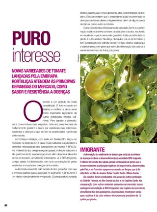 O
tomate é um produto de muita
versatilidade. O fruto é usado em
saladas e molhos, e ainda serve
como importante ingrediente de
outras sofisticadas receitas culi-
nárias. Para agradar a plantado-
res e consumidores mais exigentes, cabe aos pesquisadores de
melhoramento genético a busca por variedades mais saborosas,
resistentes a doenças e que tenham as propriedades nutricionais
evidenciadas.
A Embrapa Hortaliças, com sede em Brasília (DF), lançou no
mercado, no início de 2014, duas novas cultivares que atendem a
diferentes necessidades dos apreciadores do vegetal. A BRS Za-
mir, material do tipo cereja alongado (grape), é direcionada para a
alta gastronomia do segmento gourmet, além de possuir elevados
teores de licopeno, um eficiente antioxidante. Já a BRS Imigrante,
do tipo salada, foi desenvolvida com uma combinação de genes
resistentes a importantes doenças do tomateiro.
A demanda crescente pelo tomate do tipo grape fez com que
a empresa partisse para a pesquisa no segmento. A BRS Zamir é
um híbrido nutricionalmente enriquecido. O pesquisador Leonardo
Puro
interesse
Novasvariedadesdetomate
lançadaspelaEmbrapa
Hortaliçasatendemàsprincipais
demandasdomercado,como
saboreresistênciaadoenças
IMIGRANTE
Adiminuiçãodorendimentodelavouraporcontadaocorrência
dedoençasmotivouodesenvolvimentodavariedadeBRSImigrante.
Ohíbridodetomate,tiposalada,possuicombinaçãodegenesqueo
tornamresistenteàsprincipaisespéciesdebegomovírus,disseminados
peloPaís,eaoFusariumoxysporum,causadoporfungos,quejáfoi
detectadoemRiodeJaneiro,Bahia,EspíritoSantoeMinasGerais.
Os estudos foram conduzidos em áreas de cultivo protegido
no Distrito Federal, no Rio Grande do Sul e no Espírito Santo. Na
comparação com outros materiais presentes no mercado, houve
vantagem com relação à BRS Imigrante, nas regiões da ocorrência
simultânea dos dois patógenos. As pesquisas mostraram ainda
que a cultivar é de ciclo médio e tem potencial produtivo de 12
quilos por planta.
Boiteux salienta que o fruto apresenta altas concentrações de lico-
peno. Estudos revelam que o antioxidante ajuda na prevenção de
doenças cardiovasculares e degenerativas, além de alguns casos
de câncer, como ovário e próstata.
Outra característica interessante da variedade Zamir é a combi-
nação equilibrada entre os teores de açúcares e ácidos, resultando
em excelente impacto sensorial e gustativo. A alta produtividade da
planta é outro atrativo. Ela atinge oito quilos por pé de tomateiro e
tem durabilidade pós-colheita de até 15 dias. Boiteux explica que
a espécie possui um gene que estimula a bifurcação dos cachos e
aumenta o número de frutos por penca.
Divulgação
64
 