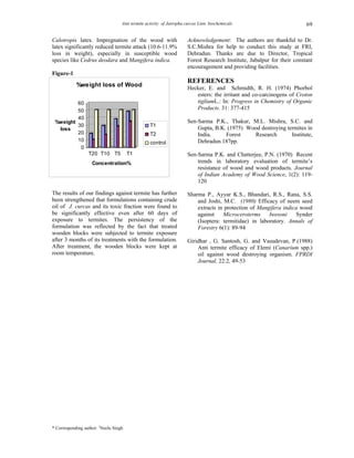 Anti termite activity of Jatropha curcas Linn. biochemicals                           69

Calotropis latex. Impregnation of the wood with                       Acknowledgement: The authors are thankful to Dr.
latex significantly reduced termite attack (10.6-11.9%                S.C.Mishra for help to conduct this study at FRI,
loss in weight), especially in susceptible wood                       Dehradun. Thanks are due to Director, Tropical
species like Cedrus deodara and Mangifera indica.                     Forest Research Institute, Jabalpur for their constant
                                                                      encouragement and providing facilities.
Figure-1
                                                                      REFERENCES
            %weight loss of Wood                                      Hecker, E. and Schmidth, R. H. (1974) Phorbol
                                                                         esters: the irritant and co-carcinogens of Croton
         60                                                              tigliumL.: In: Progress in Chemistry of Organic
         50                                                              Products. 31: 377-415
         40
 %weight                                                              Sen-Sarma P.K., Thakur, M.L. Mishra, S.C. and
         30                                       T1
  loss                                                                    Gupta, B.K. (1975) Wood destroying termites in
         20                                       T2                      India.     Forest    Research        Institute,
         10                                       control                 Dehradun.187pp.
          0
                  T20 T10 T5           T1                             Sen-Sarma P.K. and Chatterjee, P.N. (1970) Recent
                    Concentration%                                        trends in laboratory evaluation of termite’s
                                                                          resistance of wood and wood products. Journal
                                                                          of Indian Academy of Wood Science, 1(2): 119-
                                                                          120

The results of our findings against termite has further               Sharma P., Ayyar K.S., Bhandari, R.S., Rana, S.S.
been strengthened that formulations containing crude                      and Joshi, M.C. (1980) Efficacy of neem seed
oil of J. curcas and its toxic fraction were found to                     extracts in protection of Mangifera indica wood
be significantly effective even after 60 days of                          against    Microceroterms     beesoni    Synder
exposure to termites. The persistency of the                              (Isoptera: termitidae) in laboratory. Annals of
formulation was reflected by the fact that treated                        Forestry 6(1): 89-94
wooden blocks were subjected to termite exposure
after 3 months of its treatments with the formulation.                Giridhar , G. Santosh, G. and Vasudevan, P.(1988)
After treatment, the wooden blocks were kept at                           Anti termite efficacy of Elemi (Canarium spp.)
room temperature.                                                         oil against wood destroying organism. FPRDI
                                                                          Journal, 22:2, 49-53




* Corresponding author: 1Neelu Singh
 