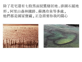 除了花宅還有七股黑面琵鷺棲居地 . 澎湖石滬地形 . 阿里山森林鐵路 . 蘇澳冷泉等多處 , 他們都是國家寶藏 , 正急需要你我的關心 