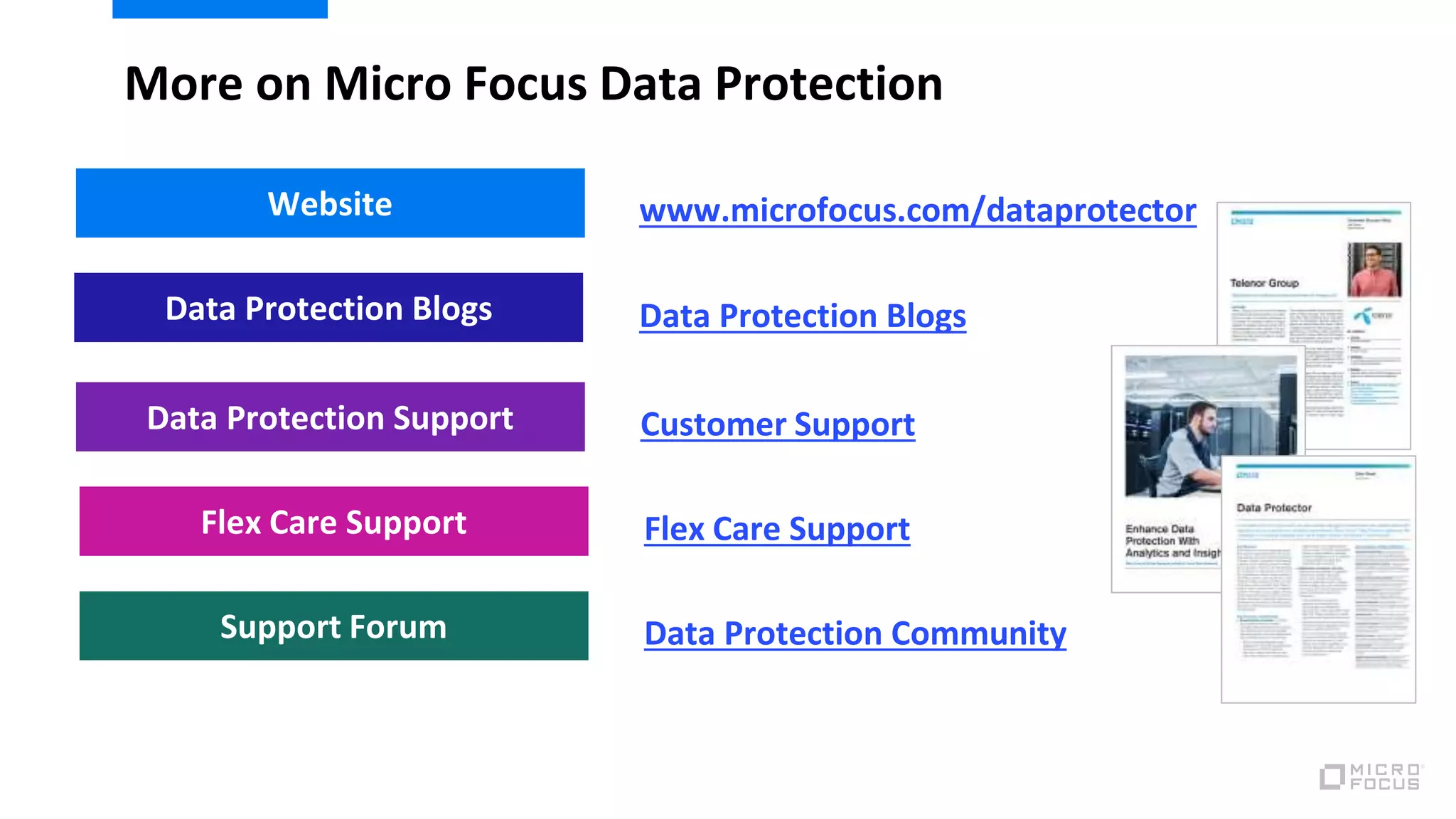 More on Micro Focus Data Protection
www.microfocus.com/dataprotectorWebsite
Data Protection BlogsData Protection Blogs
Customer SupportData Protection Support
Flex Care SupportFlex Care Support
Data Protection CommunitySupport Forum
 