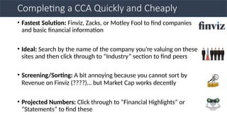 Completing a CCA Quickly and Cheaply
• Fastest Solution: Finviz, Zacks, or Motley Fool to find companies
and basic financial information
• Ideal: Search by the name of the company you’re valuing on these
sites and then click through to “Industry” section to find peers
• Screening/Sorting: A bit annoying because you cannot sort by
Revenue on Finviz (????)… but Market Cap works decently
• Projected Numbers: Click through to “Financial Highlights” or
“Statements” to find these
 