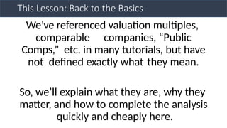 This Lesson: Back to the Basics
We’ve referenced valuation multiples,
comparable companies, “Public
Comps,” etc. in many tutorials, but have
not defined exactly what they mean.
So, we’ll explain what they are, why they
matter, and how to complete the analysis
quickly and cheaply here.
 