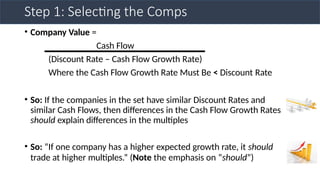 Step 1: Selecting the Comps
• Company Value =
Cash Flow
(Discount Rate – Cash Flow Growth Rate)
Where the Cash Flow Growth Rate Must Be < Discount Rate
• So: If the companies in the set have similar Discount Rates and
similar Cash Flows, then differences in the Cash Flow Growth Rates
should explain differences in the multiples
• So: “If one company has a higher expected growth rate, it should
trade at higher multiples.” (Note the emphasis on “should”)
 
