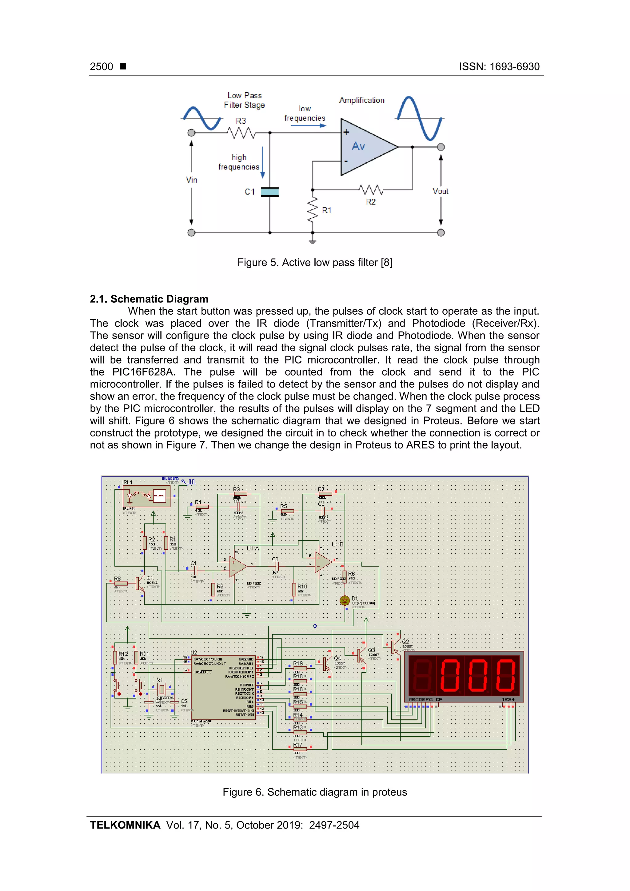 ◼ ISSN: 1693-6930
TELKOMNIKA Vol. 17, No. 5, October 2019: 2497-2504
2500
Figure 5. Active low pass filter [8]
2.1. Schematic Diagram
When the start button was pressed up, the pulses of clock start to operate as the input.
The clock was placed over the IR diode (Transmitter/Tx) and Photodiode (Receiver/Rx).
The sensor will configure the clock pulse by using IR diode and Photodiode. When the sensor
detect the pulse of the clock, it will read the signal clock pulses rate, the signal from the sensor
will be transferred and transmit to the PIC microcontroller. It read the clock pulse through
the PIC16F628A. The pulse will be counted from the clock and send it to the PIC
microcontroller. If the pulses is failed to detect by the sensor and the pulses do not display and
show an error, the frequency of the clock pulse must be changed. When the clock pulse process
by the PIC microcontroller, the results of the pulses will display on the 7 segment and the LED
will shift. Figure 6 shows the schematic diagram that we designed in Proteus. Before we start
construct the prototype, we designed the circuit in to check whether the connection is correct or
not as shown in Figure 7. Then we change the design in Proteus to ARES to print the layout.
Figure 6. Schematic diagram in proteus
 