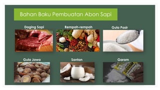 Bahan Baku Pembuatan Abon Sapi
Daging Sapi Rempah-rempah Gula Pasir
Gula Jawa Santan Garam
 