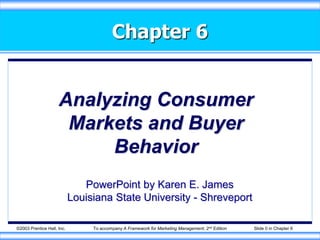 ©2003 Prentice Hall, Inc. To accompany A Framework for Marketing Management, 2nd Edition Slide 0 in Chapter 6
Chapter 6
Analyzing Consumer
Markets and Buyer
Behavior
PowerPoint by Karen E. James
Louisiana State University - Shreveport
 