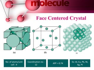 Face Centered Crystal
No: of atoms/unit
cell : 4
Coordination no :
12
APF = 0.74
Ex: Al, Cu, Pb, Ni,
Ag, Pt
 
