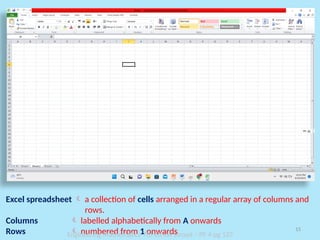 15
Excel spreadsheet  a collection of cells arranged in a regular array of columns and
rows.
Columns  labelled alphabetically from A onwards
Rows  numbered from 1 onwards
Engineering Mathematics-7th-Ed-KA Stroud – PF 4-pg 137
 