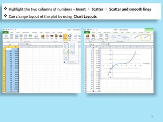 18
 Highlight the two columns of numbers – Insert  Scatter  Scatter and smooth lines
 Can change layout of the plot by using Chart Layouts
 