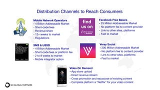 Distribution Channels to Reach Consumers
Versy Social
- 200 Million Addressable Market
- No platform fee to content provider
- Link to other sites, platforms
- Fast to market
Facebook Free Basics
- 25 Million Addressable Market
- No platform fee to content provider
- Link to other sites, platforms
- Fast to market
Mobile Network Operators
- 4 Billion Addressable Market
- Short-code fees
- Revenue share
- 12+ weeks to market
- Regulations 
SMS & USSD
- 4 Billion Addressable Market
- Short-code fees or platform fee
- 2 to 8 weeks to market
- Mobile integrator option
Video On Demand
- App store upload
- Direct revenue stream
- Cross promotion and repurpose of existing content
- Complete platform a “Netﬂix” for your video content
 