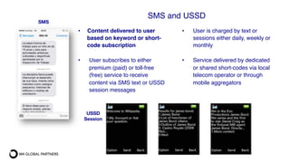 •  Content delivered to user
based on keyword or short-
code subscription 
"
•  User subscribes to either
premium (paid) or toll-free
(free) service to receive
content via SMS text or USSD
session messages  
#
•  User is charged by text or
sessions either daily, weekly or
monthly 
#
•  Service delivered by dedicated
or shared short-codes via local
telecom operator or through
mobile aggregators#
SMS and USSD#
SMS
USSD
Session
 