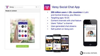 Versy Social Chat App

•  200 million users in 20+ countries in Latin
and Central America, plus Mexico
•  Targeting ages 18-25
•  Content channels with chat feature
•  Users “follow” a channel 
•  User-generated chat streams
•  Self publish on Versy.com
 