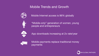 App downloads increasing at 2x rate/year
Mobile payments replace traditional money
payments
“Mobile-only” generation of women, young 
people and entrepreneurs
Mobile Internet access is 96% globally
Mobile Trends and Growth 
 