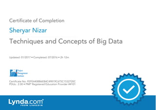 Certificate of Completion
Sheryar Nizar
Updated: 01/2017 • Completed: 07/2016 • 2h 12m
Certificate No: FEFE440BB6EB4C49819C675C1532720C
PDUs : 2.00 • PMI®
Registered Education Provider #4101
Techniques and Concepts of Big Data
 