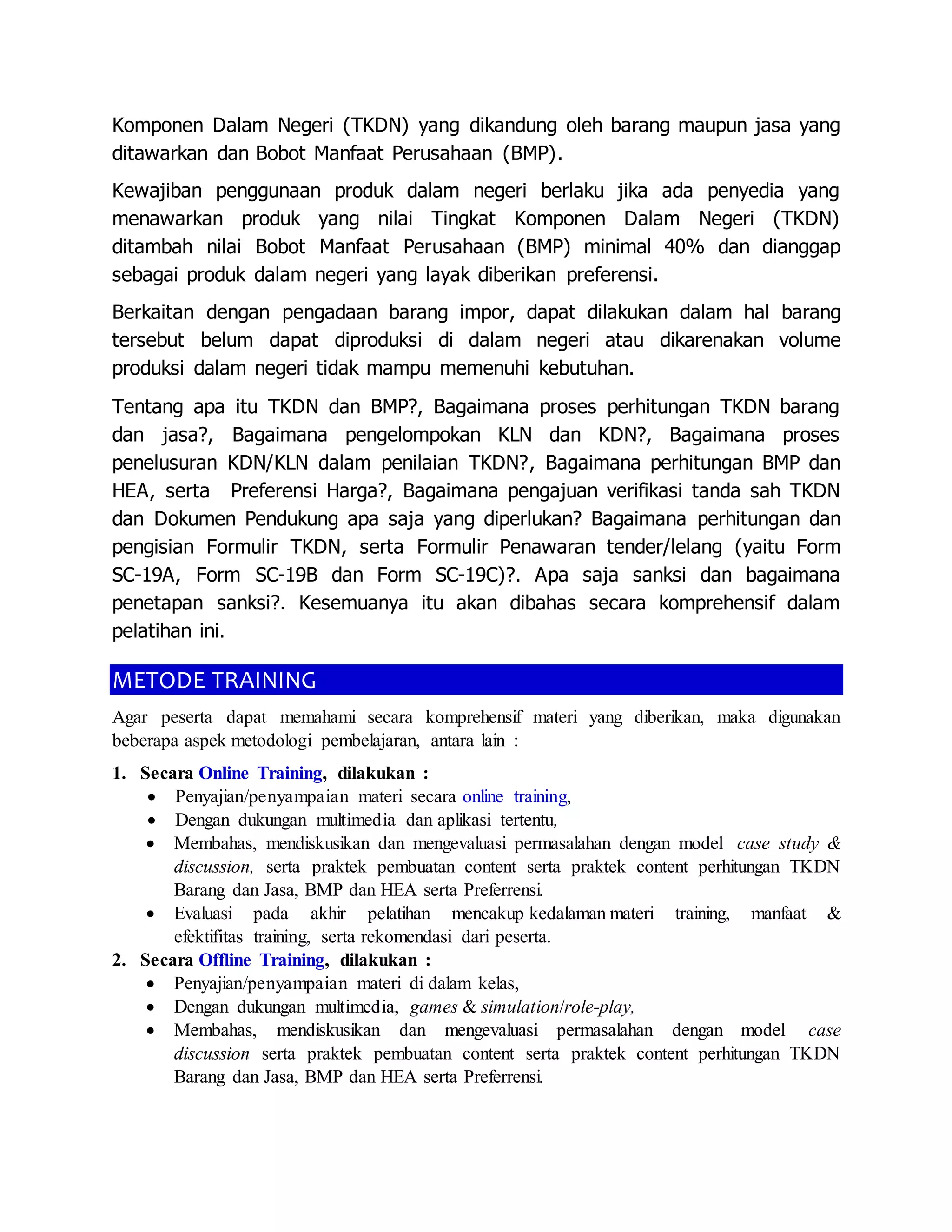 Silabus Training "Tingkat Komponen Dalam Negeri (TKDN) + BMP" | PDF