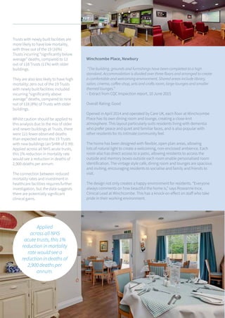 13
Trusts with newly built facilities are
more likely to have low mortality,
with three out of the 19 (16%)
Trusts incurring “significantly below
average” deaths, compared to 13
out of 118 Trusts (11%) with older
buildings.
They are also less likely to have high
mortality: zero out of the 19 Trusts
with newly built facilities included
incurring “significantly above
average” deaths, compared to nine
out of 118 (8%) of Trusts with older
buildings.
Whilst caution should be applied to
this analysis due to the mix of older
and newer buildings at Trusts, there
were 121 fewer observed deaths
than expected across the 19 Trusts
with new buildings (an SHMI of 0.99).
Applied across all NHS acute trusts,
this 1% reduction in mortality rate
would see a reduction in deaths of
2,900 deaths per annum.
The connection between reduced
mortality rates and investment in
healthcare facilities requires further
investigation, but the data suggests
there are potentially significant
clinical gains.
Winchcombe Place, Newbury
“The building, grounds and furnishings have been completed to a high
standard. Accommodation is divided over three floors and arranged to create
a comfortable and welcoming environment. Shared areas include library,
salon, cinema, coffee shop, arts and crafts room, large lounges and smaller
themed lounges.”
– Extract from CQC Inspection report, 10 June 2015
Overall Rating: Good
Opened in April 2014 and operated by Care UK, each floor at Winchcombe
Place has its own dining room and lounge, creating a close-knit
atmosphere. This layout particularly suits residents living with dementia
who prefer peace and quiet and familiar faces, and is also popular with
other residents for its intimate community feel.
The home has been designed with flexible, open plan areas, allowing
lots of natural light to create a welcoming, non-enclosed ambience. Each
room also has direct access to a patio, allowing residents to access the
outside and memory boxes outside each room enable personalised room
identification. The vintage style café, dining room and lounges are spacious
and inviting, encouraging residents to socialise and family and friends to
visit.
The design not only creates a happy environment for residents. “Everyone
always comments on how beautiful the home is,” says Roseanne Ince,
Clinical Lead at Winchcombe. This has a knock-on effect on staff who take
pride in their working environment.
Applied
across all NHS
acute trusts, this 1%
reduction in mortality
rate would see a
reduction in deaths of
2,900 deaths per
annum.
 