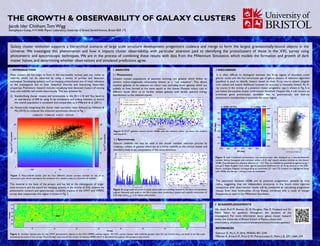 THE GROWTH & OBSERVABILITY OF GALAXY CLUSTERS
Galaxy cluster evolution supports a hierarchical scenario of large scale structure development: progenitors coalesce and merge to form the largest gravitationally-bound objects in the
Universe. We investigate this phenomenon and how it impacts cluster observability, with particular attention paid to identifying the protoclusters of those in the XXL survey using
photometric and spectroscopic techniques. We are in the process of combining these results with data from the Millennium Simulation, which models the formation and growth of dark
matter haloes, and determining whether observations and simulated predictions agree.
1 INTRODUCTION
Most clusters did not begin to form in the inaccessibly remote past, but rather at
redshifts which can be observed by using a variety of proxies and detection
techniques. Developing systems such as merging protoclusters are of most relevance
to the investigation due to their dynamical diversity and interesting observable
properties. Preliminary research includes visualising how detected clusters of varying
mass and redshifts will evolve theoretically. This was achieved by:
(i) Standardising cluster masses and luminosities in the [0.1−2.4] keV flux band to
an overdensity of 500 by using X-ray simulations and scaling relations to ensure
the overall population is consistent and comparable, as in Piffaretti et al. (2011).
(ii) Numerically integrating the cluster mass accretion rates deduced by Fakhouri &
Ma (2010) to compute the coloured isocontours shown in Fig. 1.
3 DISCUSSION
It is often difficult to distinguish between the X-ray signals of abundant, active
galactic nuclei and the hot intracluster gas of galaxy clusters. A selection algorithm
(pipeline) is used to identify clusters based on their X-ray source extent (angular
core radius) and extent likelihood, however its accuracy is inevitably limited. An X-
ray source in the vicinity of a potential cluster progenitor (pp-1) shown in Fig. 5, is
just below the pipeline cluster confirmation threshold. Despite this, it still remains an
extremely good protocluster candidate due to spectroscopic and dual-cut
photometric overdensities in precisely the same region.
2 ANALYSIS
2.1 Photometry
Clusters contain populations of passively evolving, red galaxies which follow an
intrinsic colour-magnitude relationship known as a ”red sequence”. This allows
member galaxies to be selected via colour cuts: excluding those galaxies which are
unlikely to have formed at the same epoch as the cluster. Multiple colour cuts in
different bands allow us to further isolate galaxies with similar spectral energy
distributions to the relevant cluster.
This material is the basis of the project and has led to the investigation of larger
scale structure and the search for merging systems in the vicinity of XXL clusters via
photometric (colour) and spectroscopic (redshift) analysis of the CFHT and VIPERS
survey data respectively; this region is shown in Fig. 2.
2.2 Spectroscopy
Galactic redshifts can also be used in the cluster member selection process by
creating a subset of galaxies which are at a similar redshift to the central cluster and
therefore likely to be components of the same structure.
The separation between n0286 and its potential progentitors exceeds its virial
radius, suggesting they are independent structures. In the future more rigorous
comparison with observational results will be conducted by calculating progentitor
masses from their luminosities (X-ray fluxes), combined with a study of merger
frequencies as seen in the Millennium Simulation.
Fig 1
Jacob Ider Chitham,Tom Wigg
Astrophysics Group, H.H.Wills Physics Laboratory, University of Bristol,Tyndall Avenue, Bristol BS8 1TL
Figure 1: Mass-redshift scatter plot for four different cluster surveys overlaid on top of an
isocontour plot which represents the evolution of a cluster’s mass as a function of redshift.
Figure 3: CFHT galaxies around cluster n0286 with the relevant colour cut about the cluster’s
red sequence.
Figure 2: Number density plot for the CFHT photometric objects in the XXL-VIPERS overlap region. All XXL survey clusters with redshifts greater than 0.5 are circled; these are likely to be the most
evolutionarily active of the survey. The 0.25 deg2 area around the cluster of interest n0286 which is described throughout this poster, is also shown.
Figure 4: Large scale structure is easily observable surrounding clusters in the form of overdense
regions, filaments and voids in the RA−z plane, after preliminary spatial and redshift restrictions of
0.25 deg2 and zcluster ± 0.1 about each cluster.
4 ACKNOWLEDGEMENTS
We thank Prof M. Bremer, Dr B. Maughan, Miss K. Husband and Dr
Mark Taylor for guidance throughout the duration of the
investigation. For more information about galaxy cluster research
within the University of Bristol School of Physics please visit:
www.bristol.ac.uk/physics/research/astrophysics/research/clusters-galaxies/
Figure 5: Left: Combined photometric and spectroscopic data displayed as a two-dimensional
number density histogram and contours within a 0.25 deg2 square annulus centred on the cluster
n0286. Overdensities at a physical distance of ∼3.31 Mpc are labelled as potential progenitors; pp-1
and pp-2. Right: Angular core radius against extension likelihood for all X-ray sources in the XXL-
North catalogue. Regions corresponding to confirmed (C1 and C2) clusters are highlighted along
with n0286 and the pp-1 and pp-2 source candidates.
REFERENCES
Fakhouri O., Ma C.-P., 2010, MNRAS, 401, 2245
Piffaretti R.,Arnaud M., Pratt G.W., Pointecouteau E., Melin J.-B., 2011,A&A, 534
 