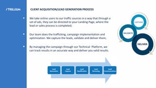  We take online users to our traffic sources in a way that through a
set of ads, they can be directed to your Landing Page, where the
lead or sales process is completed;
 Our team does the trafficking, campaign implementation and
optimization. We capture the leads, validate and deliver them;
 By managing the campaign through our Technical Platform, we
can track results in an accurate way and deliver you valid results.
CLIENT ACQUISITION/LEAD GENERATION PROCESS
 