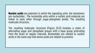 1.
Nucleic acids are polymers in which the repeating units, the monomers,
are nucleotides . The nucleotide units within a nucleic acid molecule are
linked to each other through sugar-phosphate bonds. The resulting
molecular structure .
The resulting molecular structure (Figure 22.3) involves a chain of
alternating sugar and phosphate groups with a base group protruding
from the chain at regular intervals. Nucleotides are related to nucleic
acids in the same way that amino acids are related to proteins.
 