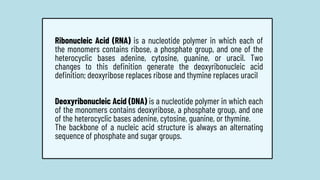 Ribonucleic Acid (RNA) is a nucleotide polymer in which each of
the monomers contains ribose, a phosphate group, and one of the
heterocyclic bases adenine, cytosine, guanine, or uracil. Two
changes to this definition generate the deoxyribonucleic acid
definition; deoxyribose replaces ribose and thymine replaces uracil
Deoxyribonucleic Acid (DNA) is a nucleotide polymer in which each
of the monomers contains deoxyribose, a phosphate group, and one
of the heterocyclic bases adenine, cytosine, guanine, or thymine.
The backbone of a nucleic acid structure is always an alternating
sequence of phosphate and sugar groups.
 