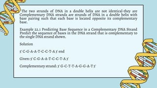 The two strands of DNA in a double helix are not identical-they are
Complementary DNA strands are strands of DNA in a double helix with
base pairing such that each base is located opposite its complementary
base.
Example 22.1 Predicting Base Sequence in a Complementary DNA Strand
Predict the sequence of bases in the DNA strand that is complementary to
the single DNA strand shown.
Solution
5' C-G-A-A-T-C-C-T-A 3' end
Given: 5' C-G-A-A-T-C-C-T-A 3'
Complementary strand: 3' G-C-T-T-A-G-G-A-T 5'
 