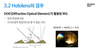 3.2 Hololens의 경우
- 빛의 파장에 의존
- 스타트업이 현실적으로 할 수 없는 시도
DOE(Diffraction Optical Element)가 활용된 WG
 