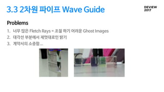 3.3 2차원 파이프 Wave Guide
1. 너무 많은 Fletch Rays = 조절 하기 어려운 Ghost Images
2. 대각선 부분에서 제멋대로인 밝기
3. 계약서의 소중함...
Problems
 