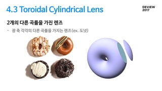 4.3 Toroidal Cylindrical Lens
- 광 축 각각의 다른 곡률을 가지는 렌즈(ex. 도넛)
2개의 다른 곡률을 가진 렌즈
 