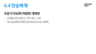 4.4 단순하게
- 스펙을 조금 낮추고, FOV 30 -> 28
- Toroidal에서 양면 Cylindrical Lens 2매로
조금 더 단순한(저렴한) 형태로
 