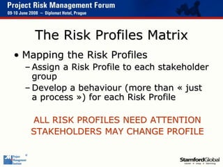 The Risk Profiles Matrix
• Mapping the Risk Profiles
– Assign a Risk Profile to each stakeholder
group
– Develop a behavio...