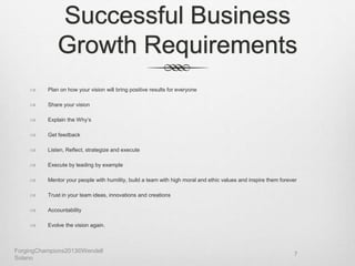 Successful Business
Growth Requirements
 Plan on how your vision will bring positive results for everyone
 Share your vision
 Explain the Why’s
 Get feedback
 Listen, Reflect, strategize and execute
 Execute by leading by example
 Mentor your people with humility, build a team with high moral and ethic values and inspire them forever
 Trust in your team ideas, innovations and creations
 Accountability
 Evolve the vision again.
ForgingChampions2013©Wendell
Solano
7
 