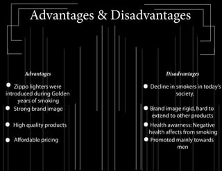Advantages & Disadvantages
Advantages Disadvantages
Zippo lighters were
introduced during Golden
years of smoking
Decline in smokers in today’s
society.
Strong brand image
High quality products
Affordable pricing
Brand image rigid, hard to
extend to other products
Health awarness: Negative
health affects from smoking
Promoted mainly towards
men
 