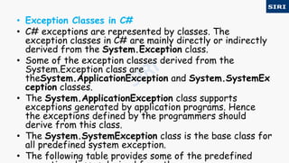 • Exception Classes in C#
• C# exceptions are represented by classes. The
exception classes in C# are mainly directly or indirectly
derived from the System.Exception class.
• Some of the exception classes derived from the
System.Exception class are
theSystem.ApplicationException and System.SystemEx
ception classes.
• The System.ApplicationException class supports
exceptions generated by application programs. Hence
the exceptions defined by the programmers should
derive from this class.
• The System.SystemException class is the base class for
all predefined system exception.
• The following table provides some of the predefined
 