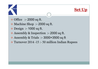 Set Up
Office :- 2000 sq ft.
Machine Shop :- 2000 sq ft.
Design :- 1000 sq ft.
Assembly & Inspection :- 2000 sq ft.Assembly & Inspection :- 2000 sq ft.
Assembly & Trials :- 3000+3500 sq ft
Turnover 2014 -15 :- 50 million Indian Rupees
 