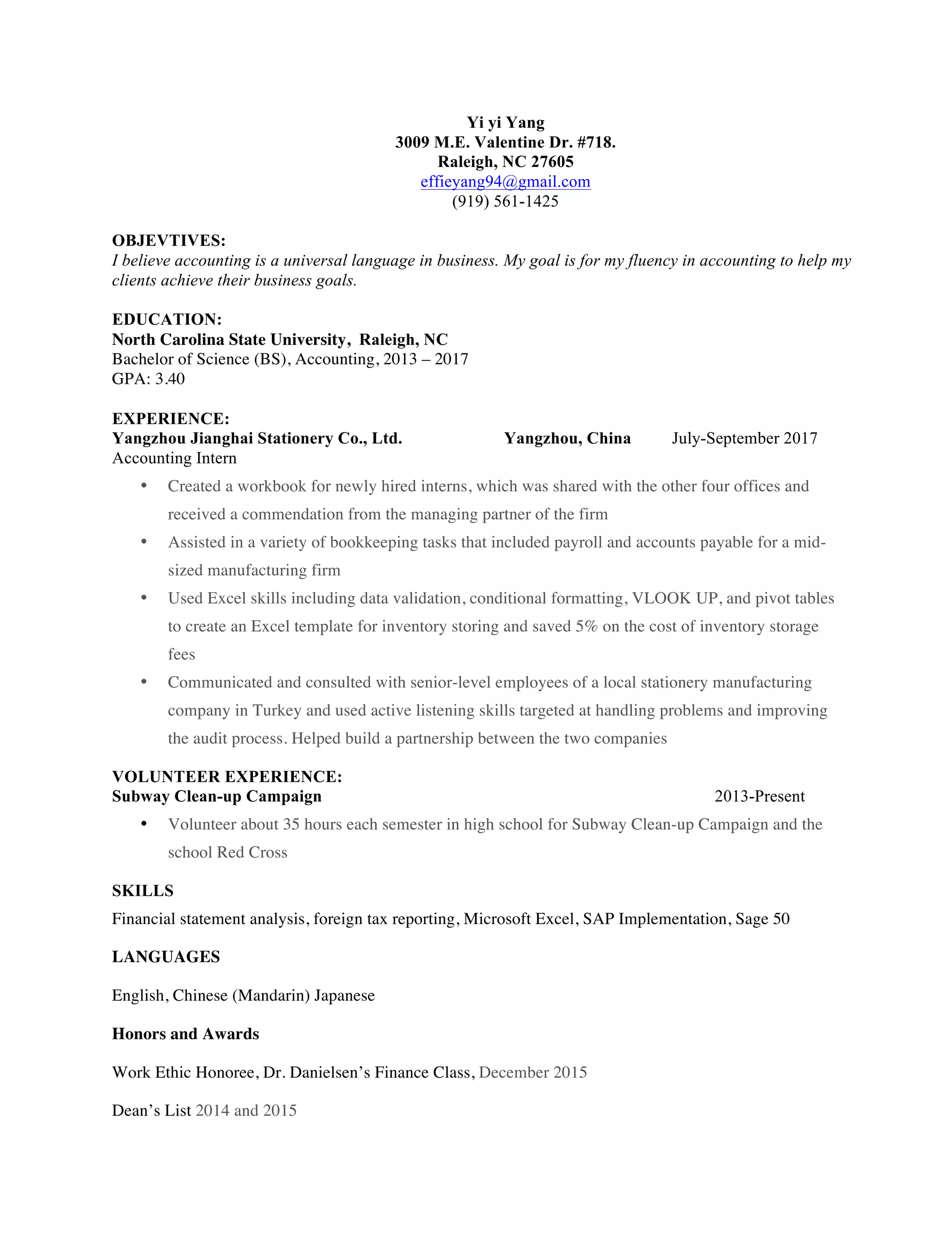 Yiyi Yang resume PDF