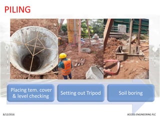 PILING
Placing tem. cover
& level checking
Setting out Tripod Soil boring
8/12/2016 ACCESS ENGINEERING PLC
 