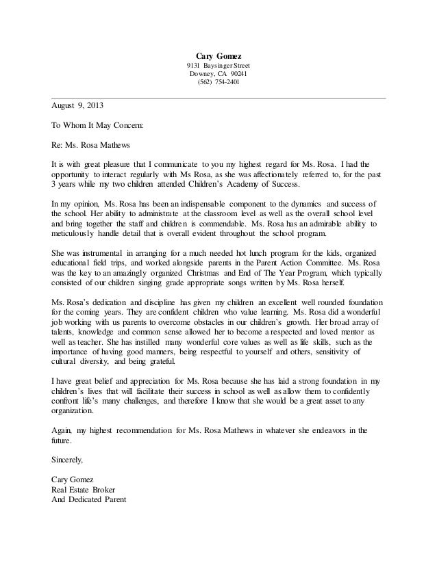 carys letter of recommendation letter of recommendation written by parent