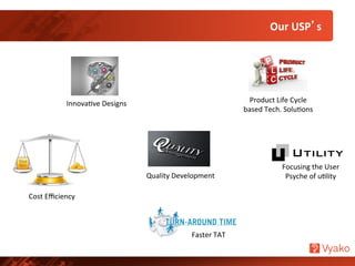 Our	
  USP’s	
  
Cost	
  Eﬃciency	
  	
  	
  
Focusing	
  the	
  User	
  
Psyche	
  of	
  uNlity	
  	
  Quality	
  Development	
  
Faster	
  TAT	
  
Product	
  Life	
  Cycle	
  
based	
  Tech.	
  SoluNons	
  
InnovaNve	
  Designs	
  
 