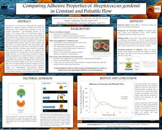 Comparing Adhesive Properties of Streptococcus gordonii
in Constant and Pulsatile Flow
ABSTRACT METHODS
Acknowledgements: This research was made possible by the NIH Foundation (1R01 AI106987-01),
and NASA Space Grant Consortium.
Jasmine Hawkins, Jamie Nunez, Olga Yakovenko, Dr. Wendy Thomas
Summer Undergraduate Research Program 2015
Department of Bioengineering, University of Washington, Seattle, WA
BACKGROUND
What is anti-adhesion therapy?
• Can be used to treat bacterial infections.
• Alternative to antibiotics and avoids drug resistance.
• Targets the process of bacterial adhesion - a prerequisite for bacterial infections.
How do they cause infections in the human body?
• Fluid flow plays a significant role in weakening or enhancing bacterial adhesion.
• The flow in human bodies is pulsatile.
• Certain strains of Streptococcus have found methods to enhance binding under high flow
conditions, called shear-enhanced adhesion.
Understanding the effect of both constant and pulsatile flow on strains of
Streptococcus may help design inhibitors to bacterial adhesion.
What is the significance of Streptococcus?
• Certain species cause bacterial infections such as strep
throat, pneumonia, and meningitis.
• The viridans group streptococci are responsible for
many cases of bacterial endocarditis, an infection of
the inner lining of the heart.
• They can cause infections by binding to human
platelets, a component of human blood.
Figure 1: Streptococci "viridans" group
binding to host cell via glycoproteins.
(http://streptococcusviridans.org)
BACTERIAL ADHESION
Streptococcus gordonii has a serine-rich repeat (SRR) surface
Protein B known as GspB. This glycoprotein adhesin
binds through its interaction with sialoglycans, specifically
sialyl-Tantigen (sTa) on the platelet membrane receptor
GPIbα.
Strep demonstrate shear-enhanced adhesion. Under low
shear stress, Strep form short-lived bonds and exhibit
free-floating transient adhesion. Strep switch to a steady
rolling adhesion under medium shear stress that balances
between formation and dissociation of adhesive bonds.
Under high shear stress, Strep exhibit a robust stationary
mode. Bacteria are more resistant to soluble inhibitors
during the stationary mode of adhesion.
Platelet
GPIbα
Streptococcus
gordonii
sTa
GspB
Strep
Strep
Shear Stress Adhesive Mode
Low
Medium
High
Strep
A short-lived bonds
B rolling
C stationary
RESULTS AND CONCLUSION
0%
20%
40%
60%
80%
100%
0 0.5 1 1.5 2 2.5 3 3.5
PercentofBacteriaBoundRelative
toConstantPeakValue
Shear Stress (Pa)
Adhesion in Constant and Pulsatile Flow
Constant
Pulsatile
Our results indicate that Streptococcus
gordonii demonstrate shear-enhanced
adhesion, where the peak value of
bacteria binding in pulsatile flow is
10 fold that of constant flow. Both
constant and pulsatile flow follow
similar trends, with the exception of
pulsatile flow increasing the peak
shear stress value.
Further research may look to include
shear stresses that are physiologically
possible since bacterial lesions are
exposed to 2-8 Pa in the circulatory
system. Also, a higher frequency of
pulses are desired and more
physiologically relevant.
The purpose of our research is to understand and compare the
adhesion of Streptococcus gordonii to platelets in constant and
pulsatile flow. Our research focuses primarily on cases of
bacterial endocarditis, a life-threatening infection of the
interior of the heart, which can be caused by strains of
Streptococcus. In our model system, we utilize a flow chamber to
mimic pulsatile flow conditions in heart valves, which oscillate
between a low and high flow, with a maximum shear stress of
2-8 Pa. We hypothesize that under pulsatile flow, S. gordonii will
preferentially attach to platelets under low flow conditions, and
will switch to a robust stationary mode when placed under
high flow conditions. We took videos to determine the number
of bacteria that bind to platelets under constant and pulsatile
flows, and analyzed these to determine the conditions that
enhance adhesion. In constant flow, our results indicate that S.
gordonii bind best at a low shear stress. The peak of bacteria
binding in pulsatile flow is nearly 10 fold that of constant flow.
This suggests that S. gordonii binding to platelets is enhanced by
pulsatile flow. Both constant and pulsatile flow indicate similar
trends in the number binding as the shear stress increases to
high values. By understanding the adhesive properties of these
strains, our research has the potential to provide significant
insights into understanding shear-enhanced adhesion.
Furthermore, our research may contribute to the development
of anti-adhesive therapies to treat bacterial endocarditis.
Figure 2: Flow chamber
attached to gasket with
vacuum seal, placed within
plate coated with sTa.
Input Output
Vacuum
Gasket
Plate
Figure 3: Data taken of S. gordonii adhesion to sTa. All values normalized to constant flow peak.
Bacterial culture: Strain M99 of Streptococcus gordonii was
grown and incubated anaerobically.
Preparation of sTa-coated surfaces: Corningwire plates
were coated with biotinylated bovine serum albumin,
streptavidin, and sialyl-Tantigen respectively.
Binding in flow: A glycotechTM flow chamber was positioned
on microscope, and attached to a 50 mL syringe filled with
bacteria. Syringe pump was programmed at both constant and
pulsatile flow rates to achieve necessary shear stresses. Pulsatile
flow turned on and off every 2 seconds for 3 minutes.
Analyzing properties of adhesion: Videos of bacteria
analyzed using ImageJ. To determine the number of bacteria
that bind to the plate, the last shot was subtracted from the
first shot of the video.
 