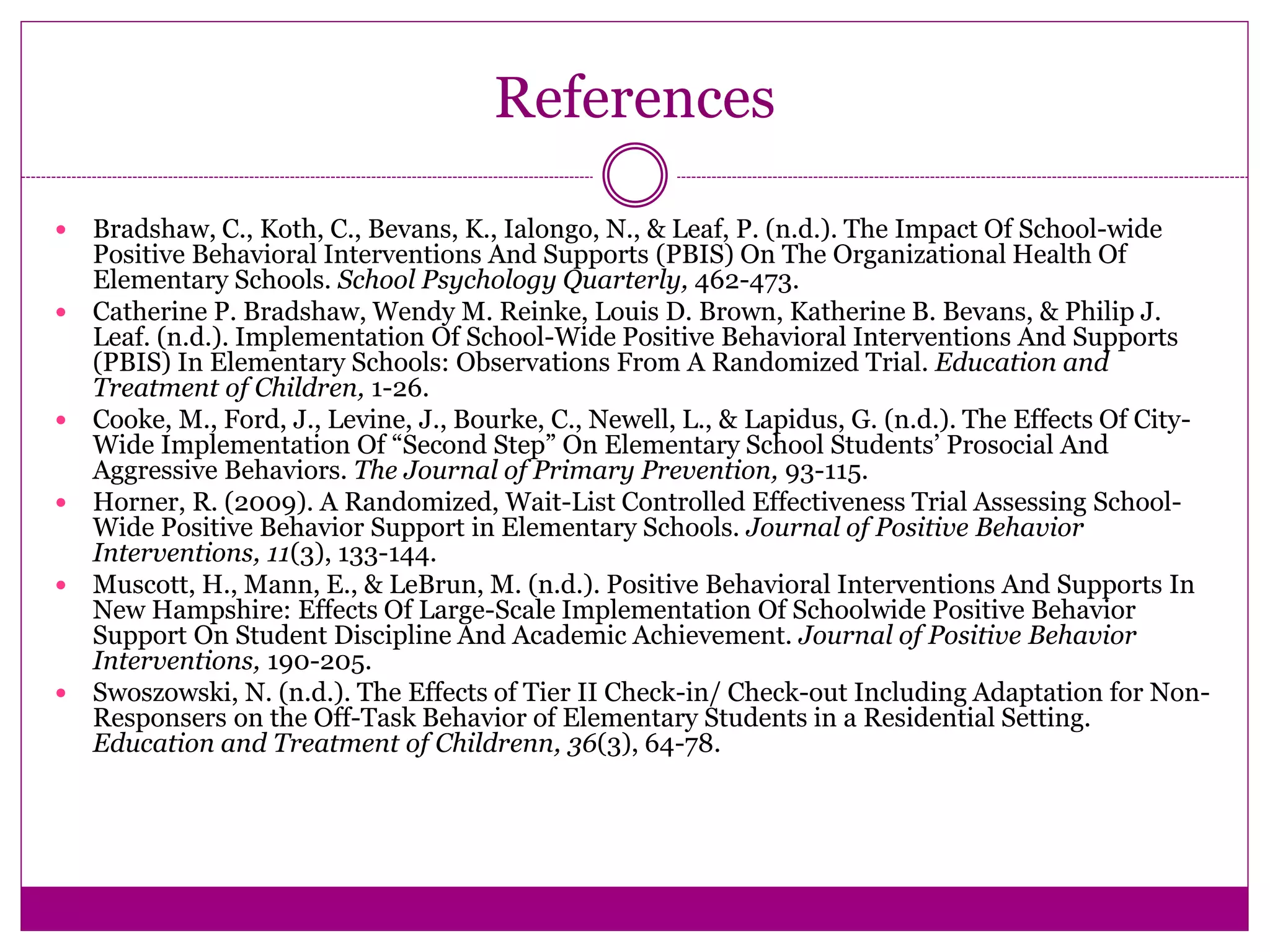 References
 Bradshaw, C., Koth, C., Bevans, K., Ialongo, N., & Leaf, P. (n.d.). The Impact Of School-wide
Positive Behavioral Interventions And Supports (PBIS) On The Organizational Health Of
Elementary Schools. School Psychology Quarterly, 462-473.
 Catherine P. Bradshaw, Wendy M. Reinke, Louis D. Brown, Katherine B. Bevans, & Philip J.
Leaf. (n.d.). Implementation Of School-Wide Positive Behavioral Interventions And Supports
(PBIS) In Elementary Schools: Observations From A Randomized Trial. Education and
Treatment of Children, 1-26.
 Cooke, M., Ford, J., Levine, J., Bourke, C., Newell, L., & Lapidus, G. (n.d.). The Effects Of City-
Wide Implementation Of “Second Step” On Elementary School Students’ Prosocial And
Aggressive Behaviors. The Journal of Primary Prevention, 93-115.
 Horner, R. (2009). A Randomized, Wait-List Controlled Effectiveness Trial Assessing School-
Wide Positive Behavior Support in Elementary Schools. Journal of Positive Behavior
Interventions, 11(3), 133-144.
 Muscott, H., Mann, E., & LeBrun, M. (n.d.). Positive Behavioral Interventions And Supports In
New Hampshire: Effects Of Large-Scale Implementation Of Schoolwide Positive Behavior
Support On Student Discipline And Academic Achievement. Journal of Positive Behavior
Interventions, 190-205.
 Swoszowski, N. (n.d.). The Effects of Tier II Check-in/ Check-out Including Adaptation for Non-
Responsers on the Off-Task Behavior of Elementary Students in a Residential Setting.
Education and Treatment of Childrenn, 36(3), 64-78.
 