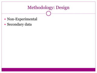Methodology: Design
 Non-Experimental
 Secondary data
 